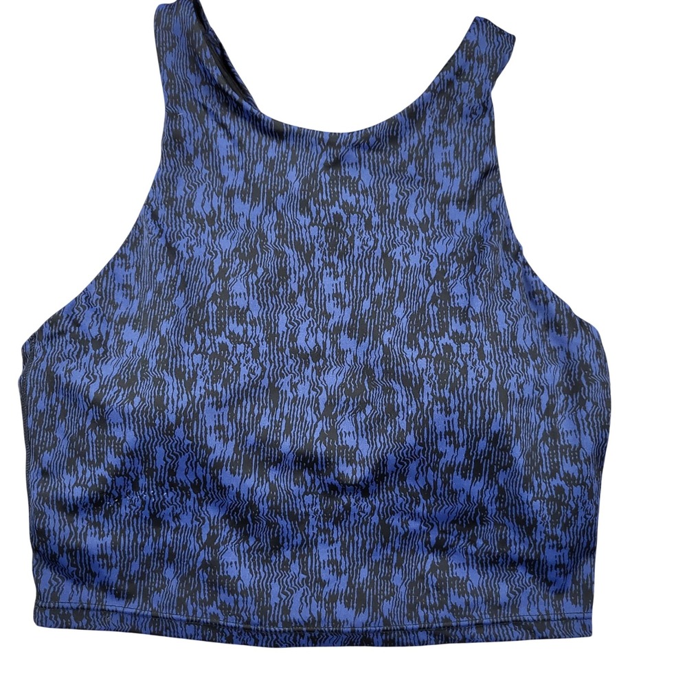 Athleta Women's‎ High Neck Printed Crop Top Sports Bra Small Petite Blue Black